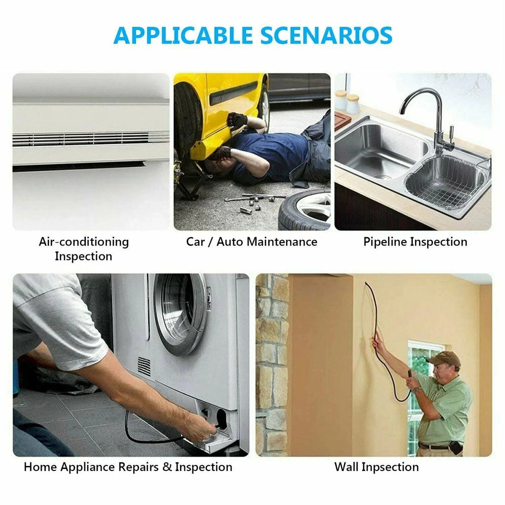Endoscope inspection scenarios collage showing uses for home and wall checks