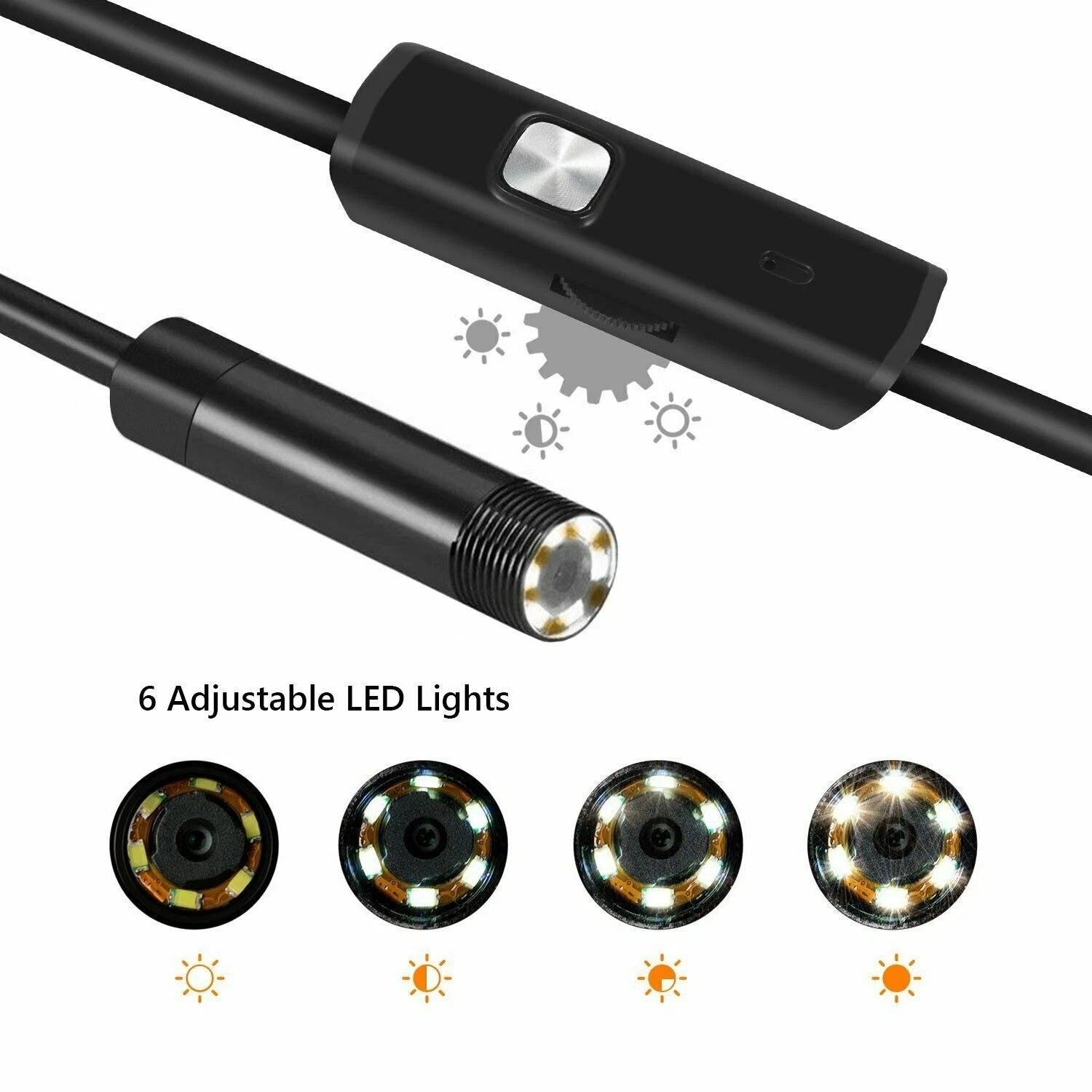 Waterproof endoscope camera tip with adjustable LED lights and circular lenses