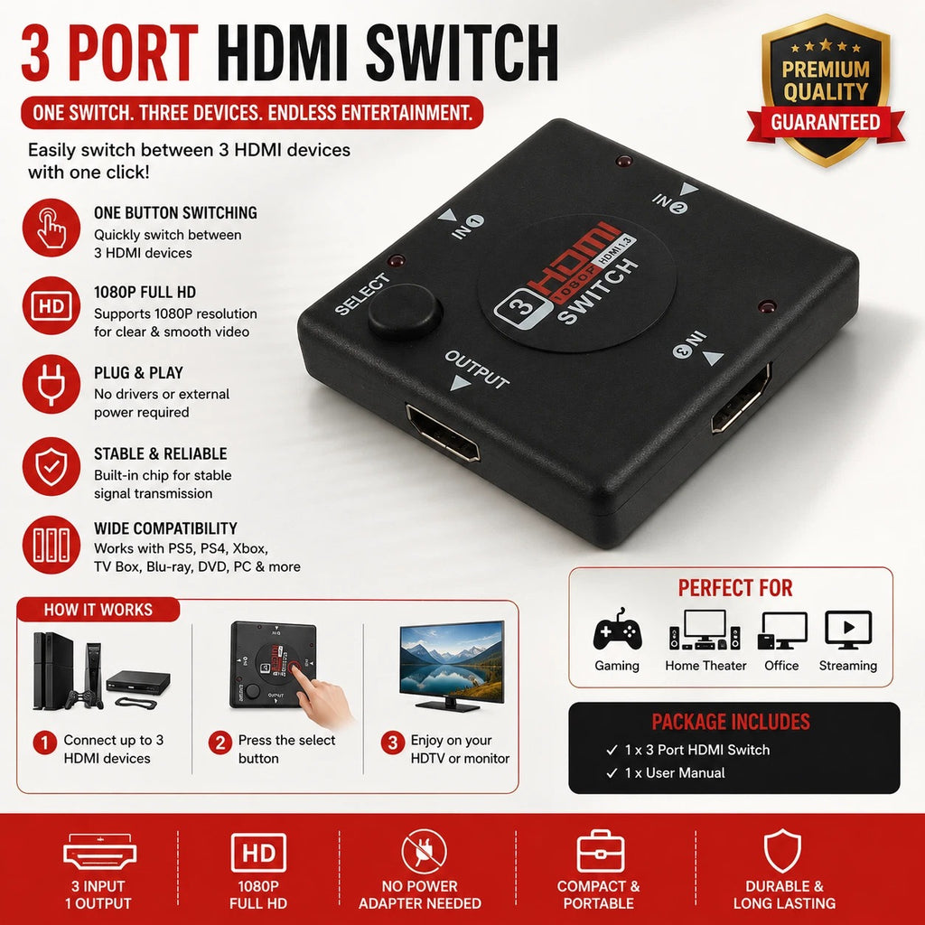 3 Port HDMI Splitter 1080p Multi Switcher Hub Box LCD HDTV PS3 XBOX One PS4 v1.4