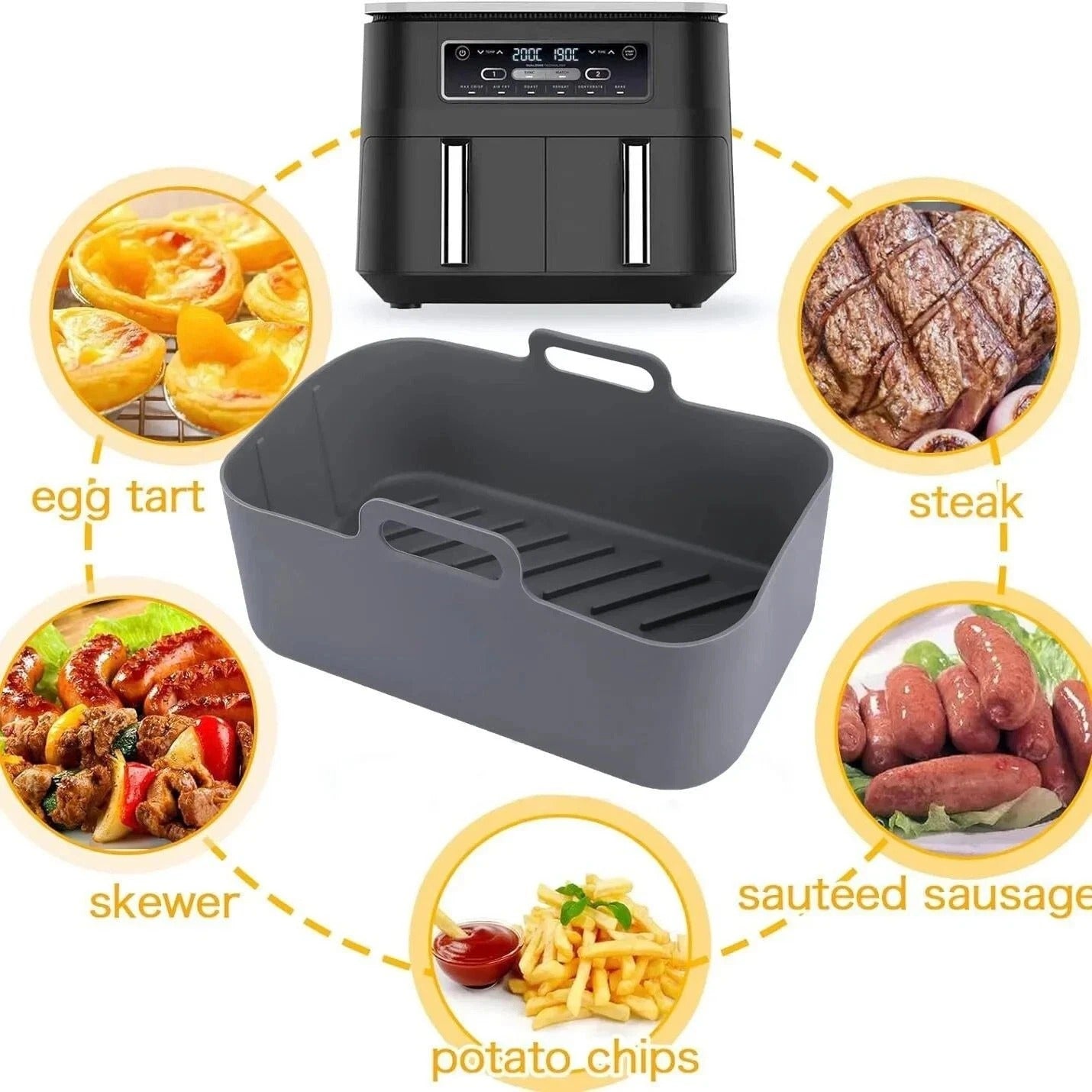 2 PCS Air Fryer Silica Gel Baking Pan Dual Basket Liner Handle baking oven New