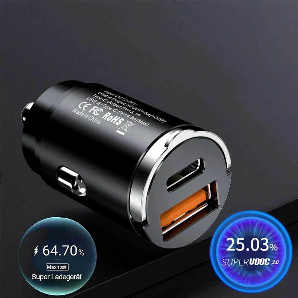 Car phone charger plug with dual USB ports and LED indicator rings, black metal