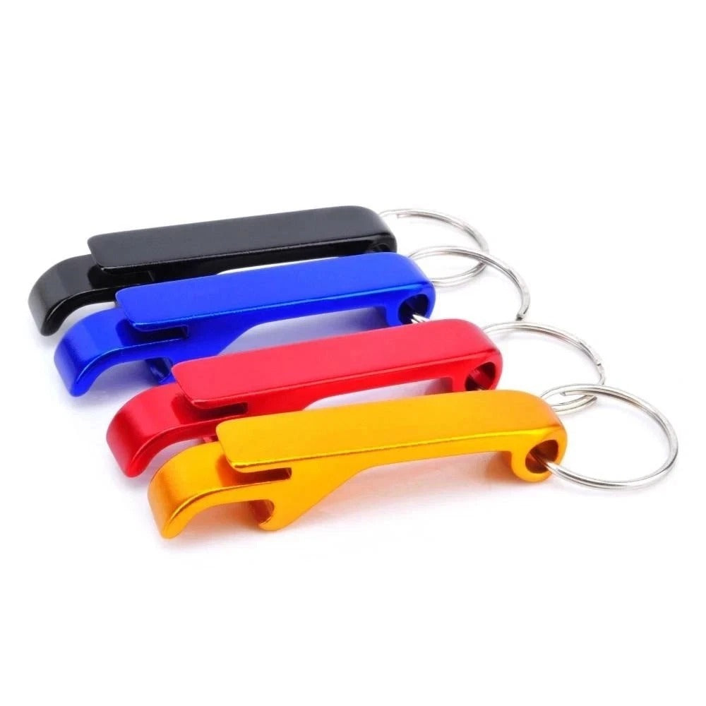 Black, blue, red, and yellow metal bottle opener keychains with key rings
