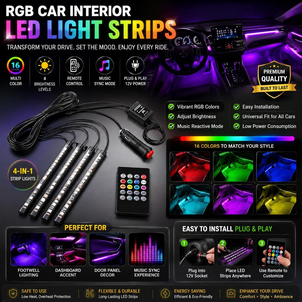 Car Interior Footwell LED Strip Lights RGB Multicolour Remote Atmosphere Lamp UK