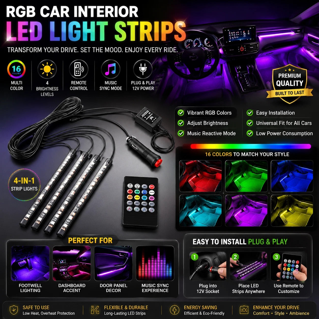 Car Interior Footwell LED Strip Lights RGB Multicolour Remote Atmosphere Lamp UK