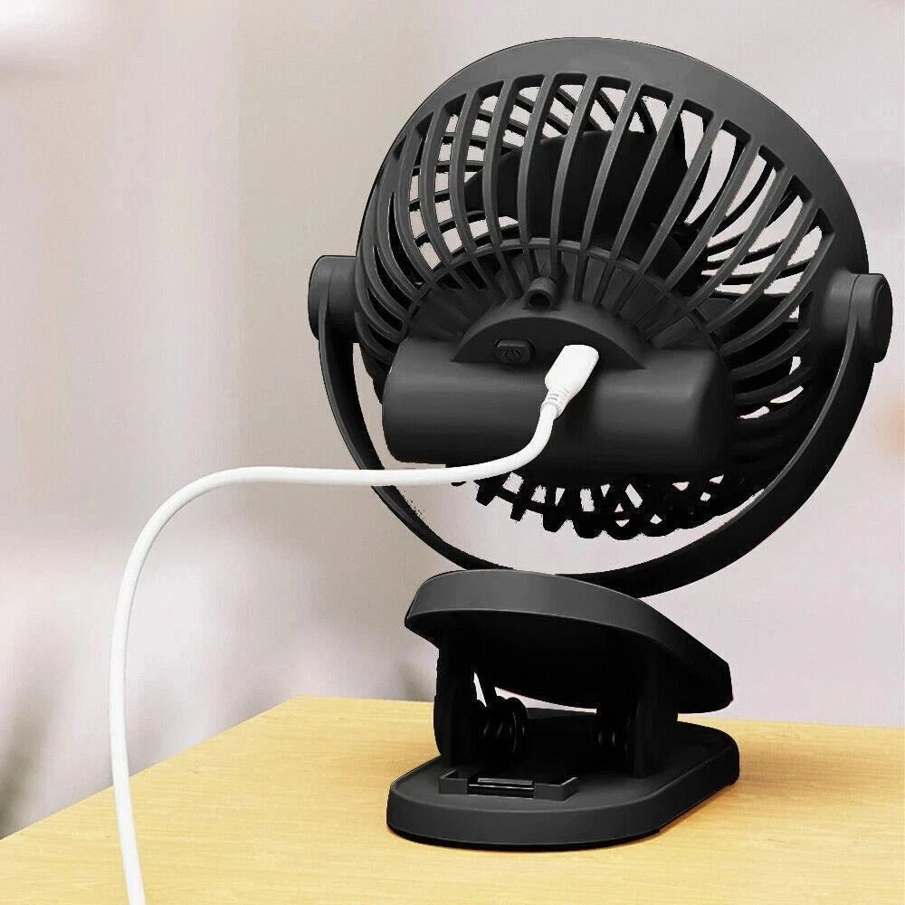 Portable USB Clip On Fan Rechargeable Mini Desk Fan 360° Rotation Quiet Cooling