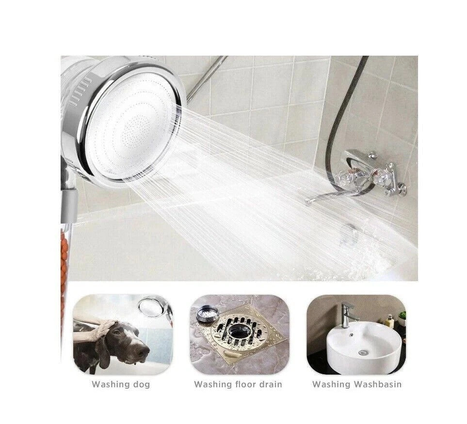 Turbo pressure shower head spraying water over bathroom fixtures: sink, floor drain, and pet