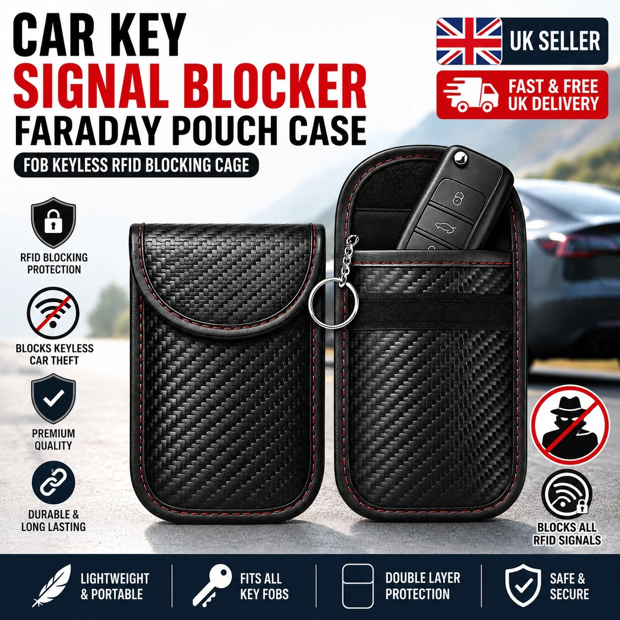 Car Key Signal Blocker Faraday Pouch Case - Fob Keyless RFID Blocking Cage