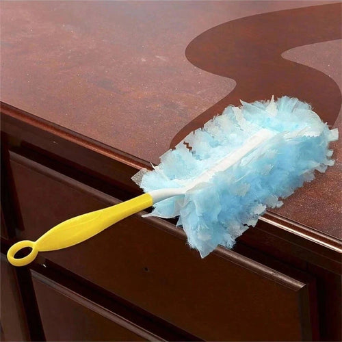 Microfiber duster refill with fluffy light blue cloth on a yellow handle.