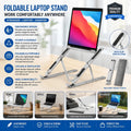 Light gray foldable laptop stand with anti-slip pads and included travel pouch