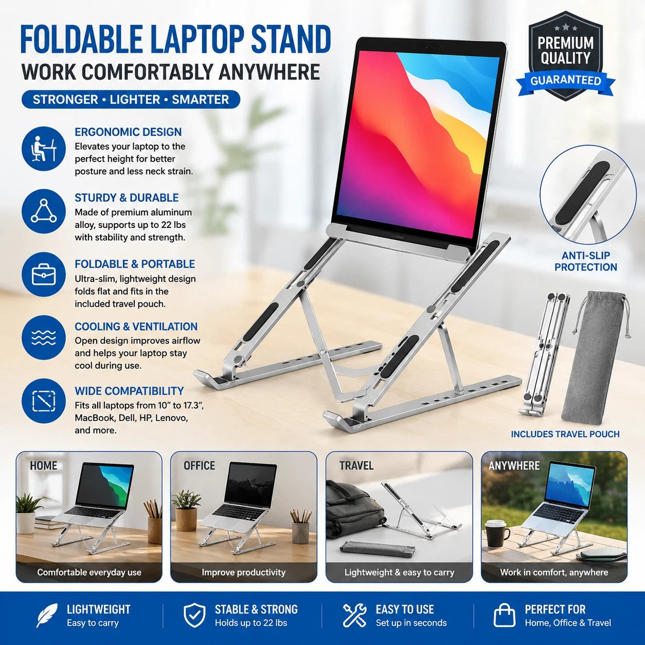 Light gray foldable laptop stand with anti-slip pads and included travel pouch