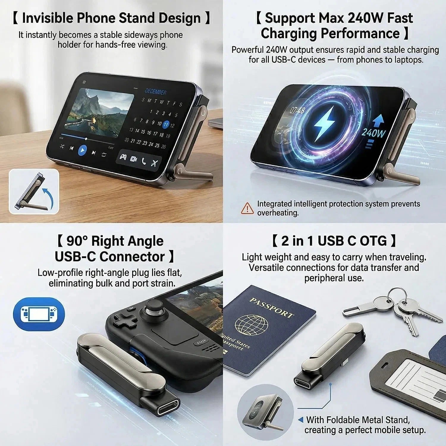 Invisible Holder Charger Cable–240W Fast Charging Cord with Phone Stand