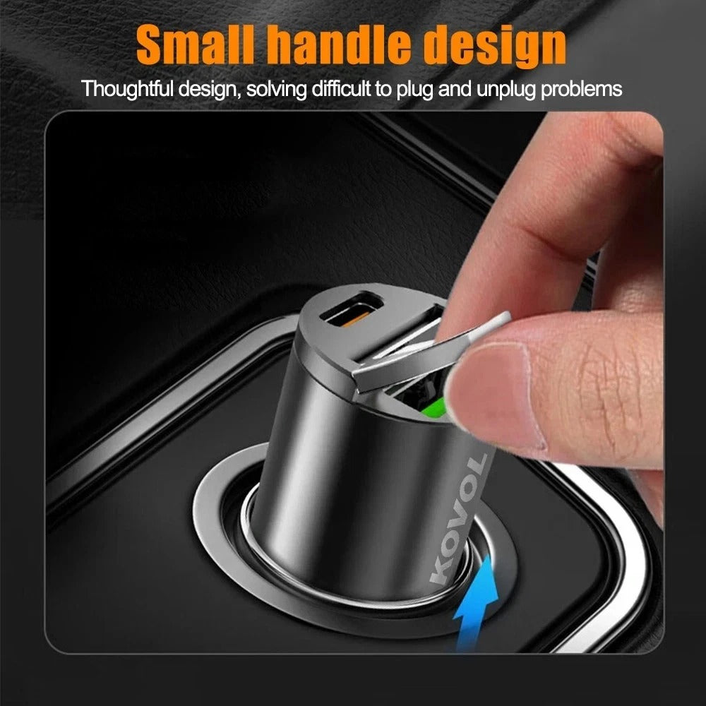 Metallic car phone charger with small grip and Type C USB port, fingertip shown