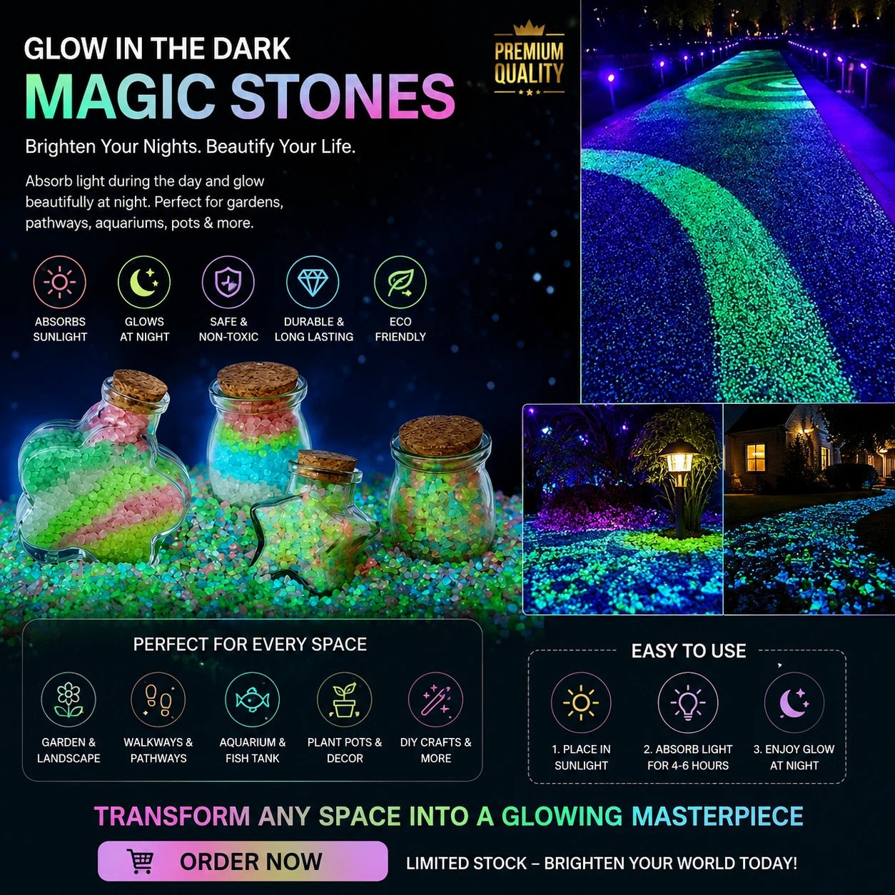 1000PCS Glow in The Dark Pebble Stones Garden Path Aquarium Fish Tank Decor