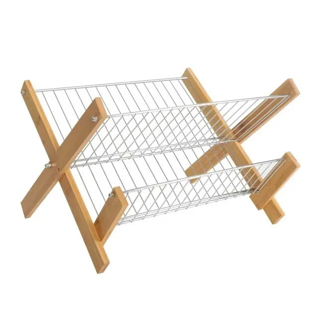 2 Tier Bambo Dish Rack Plate Cup Drying Drainer Storage Drip Tray Cutlery Holder