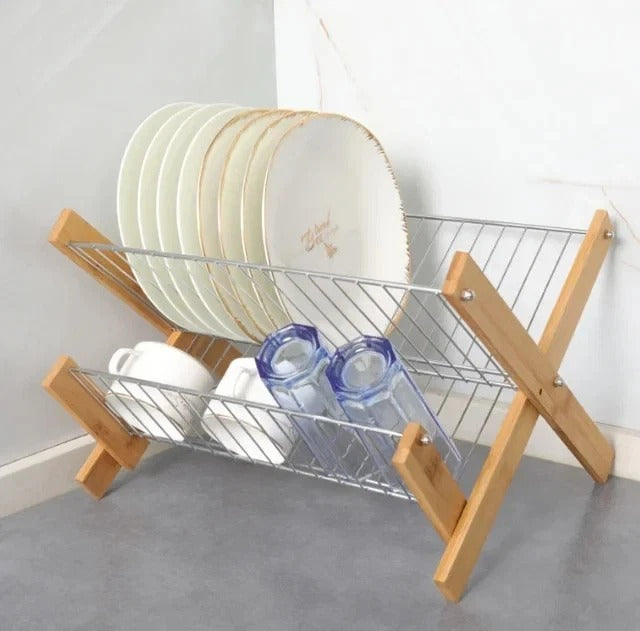 2 Tier Bambo Dish Rack Plate Cup Drying Drainer Storage Drip Tray Cutlery Holder