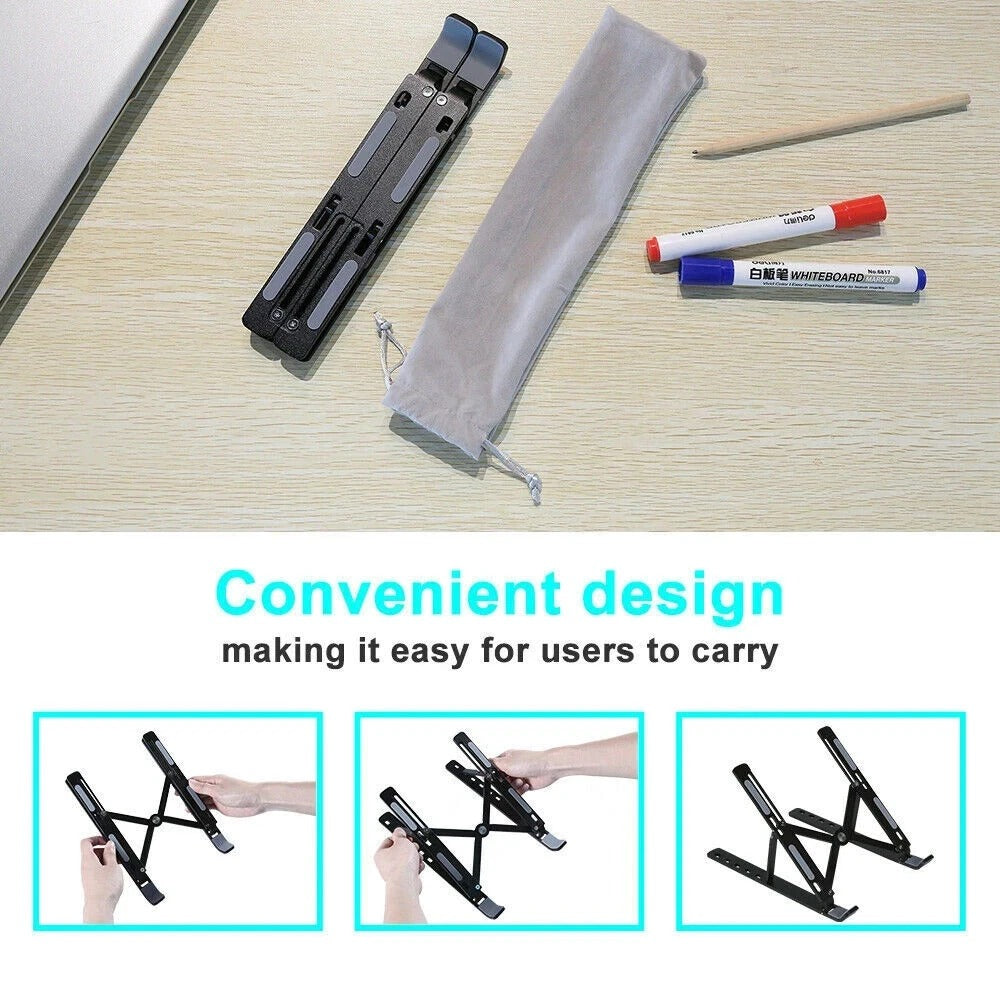 Foldable laptop stand with travel pouch and compact support parts laid out