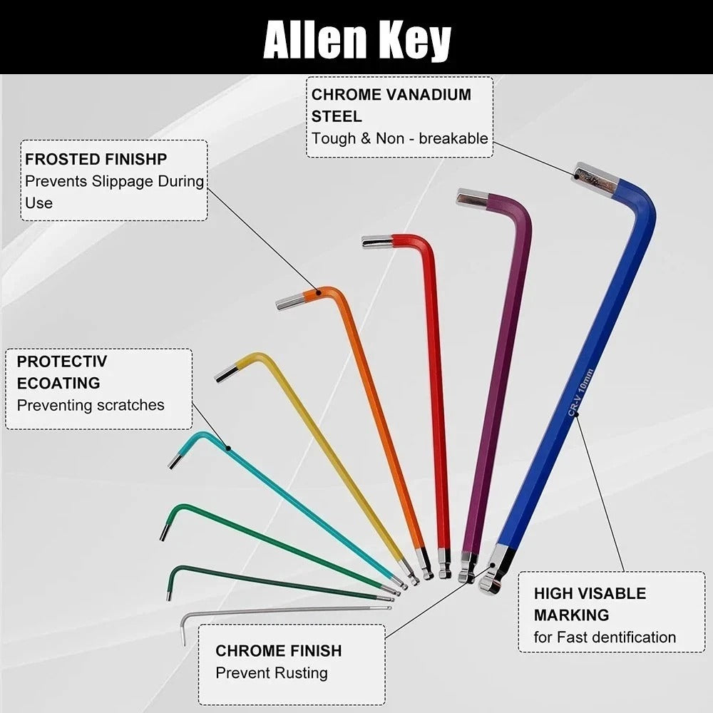 9x Allen Key Set Hex Metric Ball End Long Folding Colour Coded Design Alan Keys