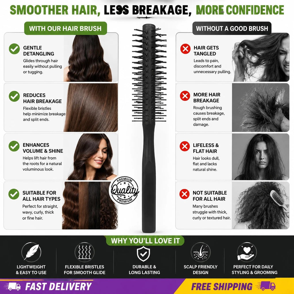 **Mini Round Hair Brush for Short Thin Hair – Small Black Styling Brush for Blow