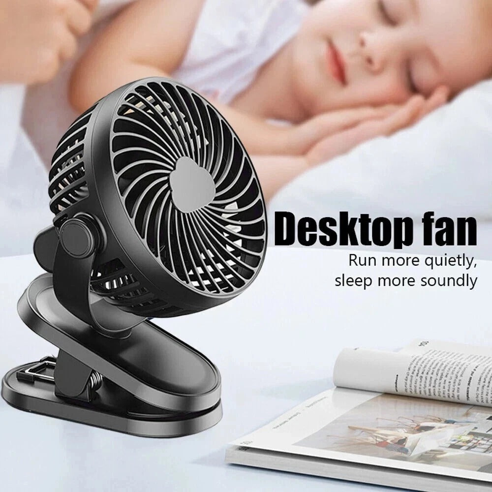 Portable USB Clip On Fan Rechargeable Mini Desk Fan 360° Rotation Quiet Cooling