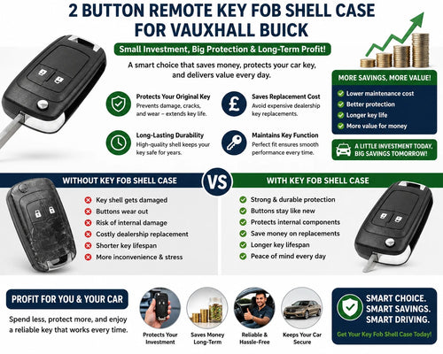 2-button remote key fob shell case with key ring holder, black and gray.