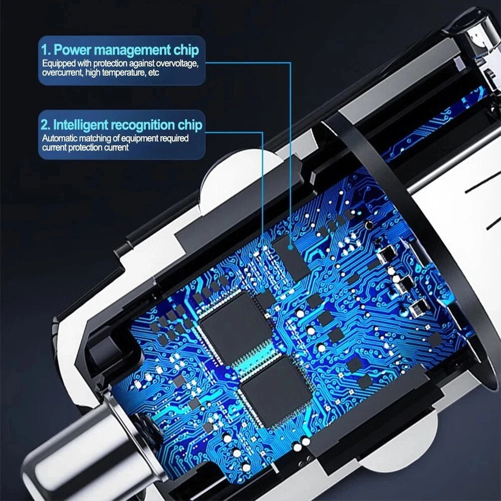 Car phone charger internal circuitry shown with circuit board and charging ports