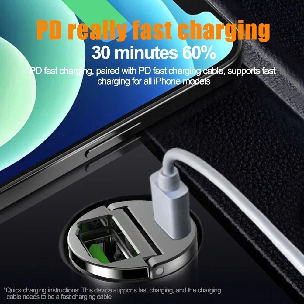 Car phone charger with Type C and USB-A ports, charging cable connected