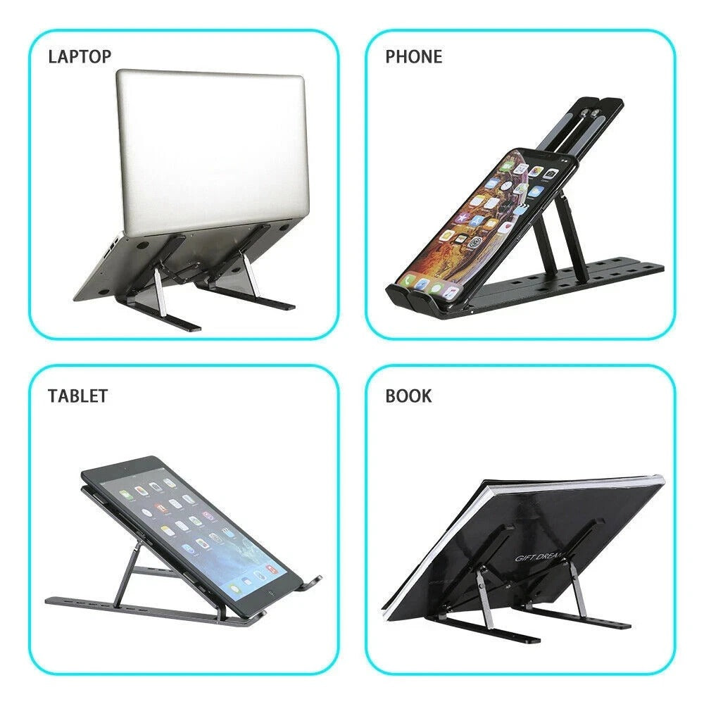 Adjustable stand shown supporting laptop, phone, tablet, and book devices