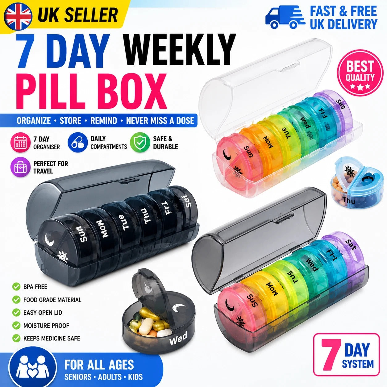 7 Day Weekly Pill Box Organize Medicine Case Container Dispenser Tablet Storage
