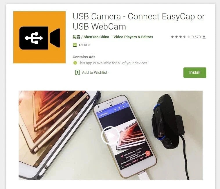 USB camera endoscope app screen on phone with connected cable