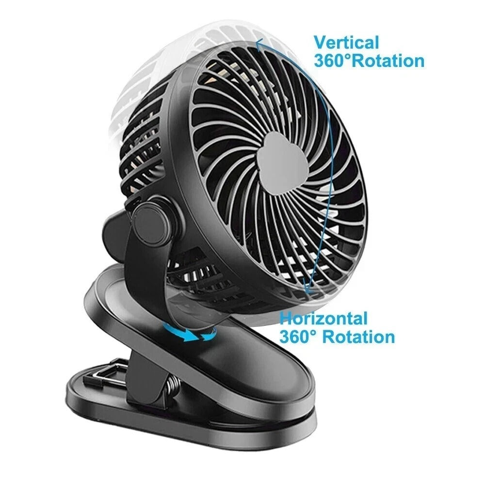Portable USB Clip On Fan Rechargeable Mini Desk Fan 360° Rotation Quiet Cooling