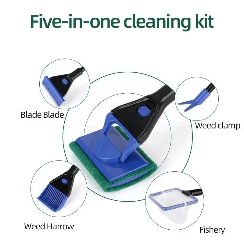 5 in 1 Aquarium Cleaning Kit Glass Brush Scraper Fishnet Fish Tank Cleaner Tools