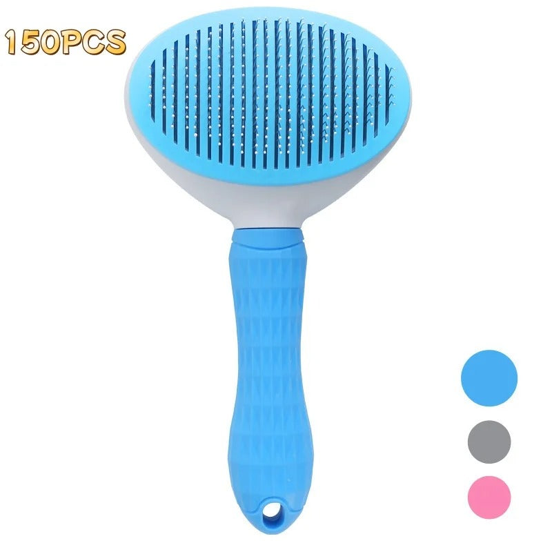 Pet grooming brush with bright blue bristle pad and ergonomic blue handle