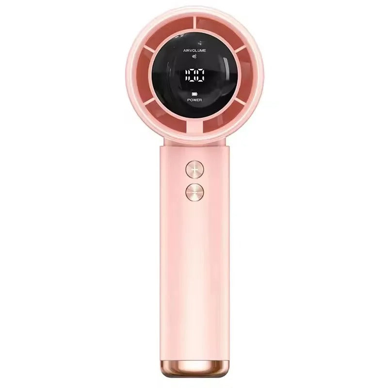 Pink handheld portable fan with circular LED display and two gold button controls