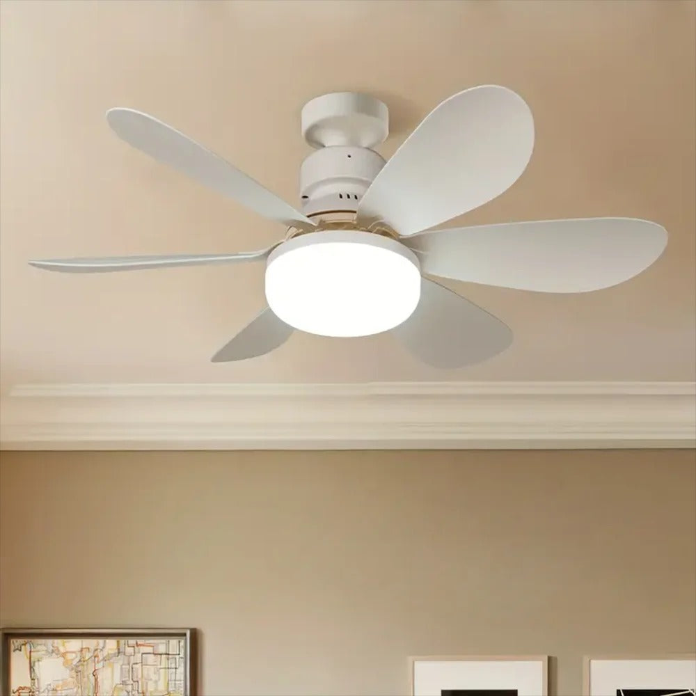 Ceiling fan with integrated LED light globe and five white blades on a ceiling mount
