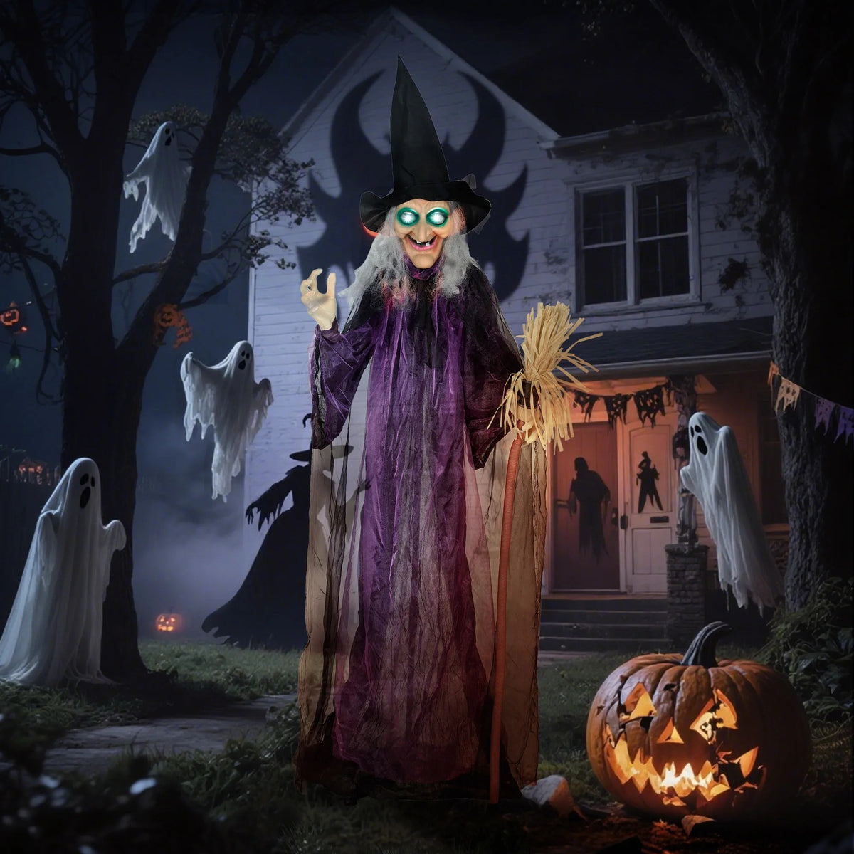 Outsunny 6ft Animatronic Halloween Witch – Sound Activated, Purple