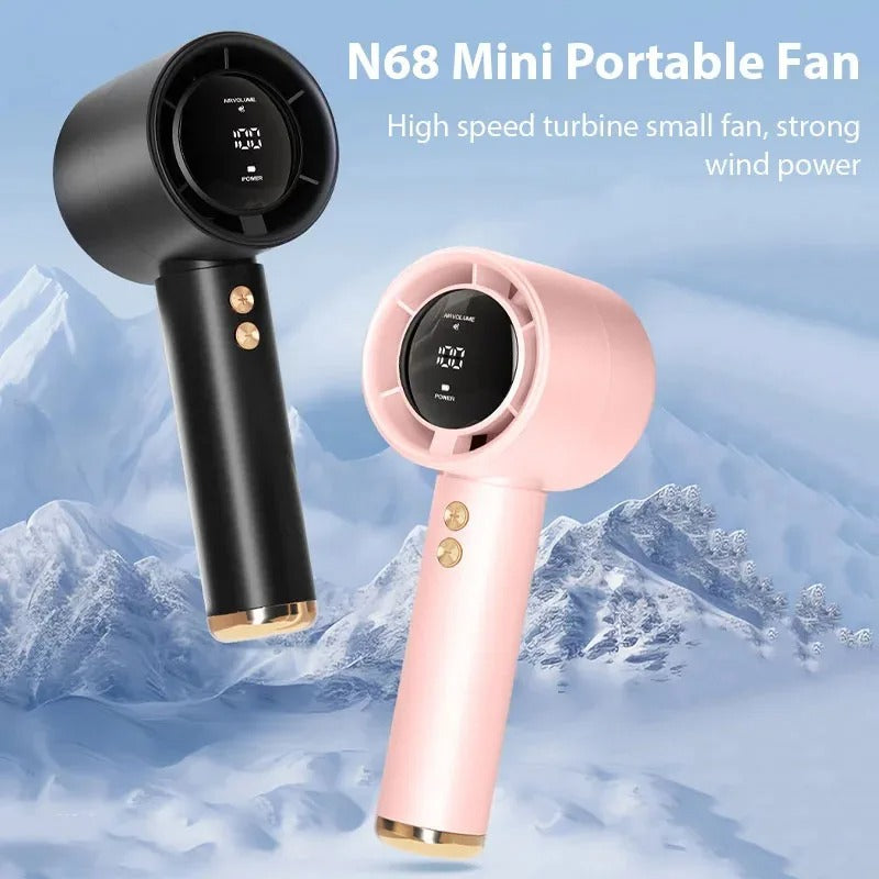 Handheld portable fan with LED display and gold buttons, black and pink color options