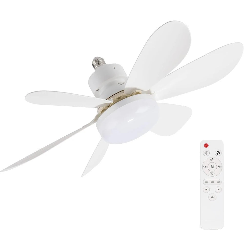 Ceiling fan with five white blades, E27 lamp socket, and included remote control