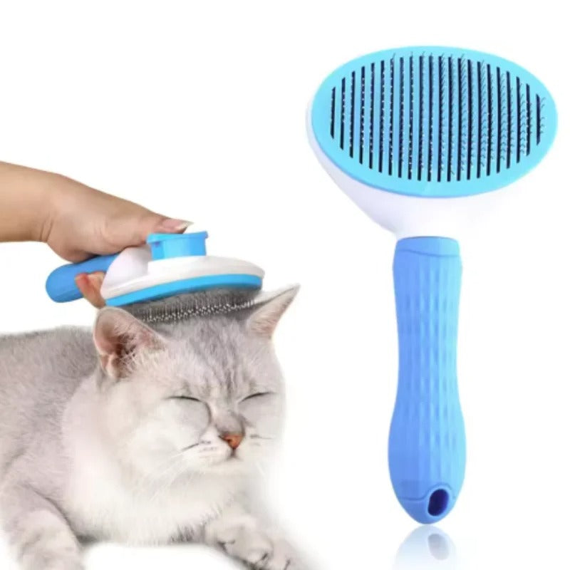 Pet grooming brush with bright blue handle and oval rubber bristle head for cats