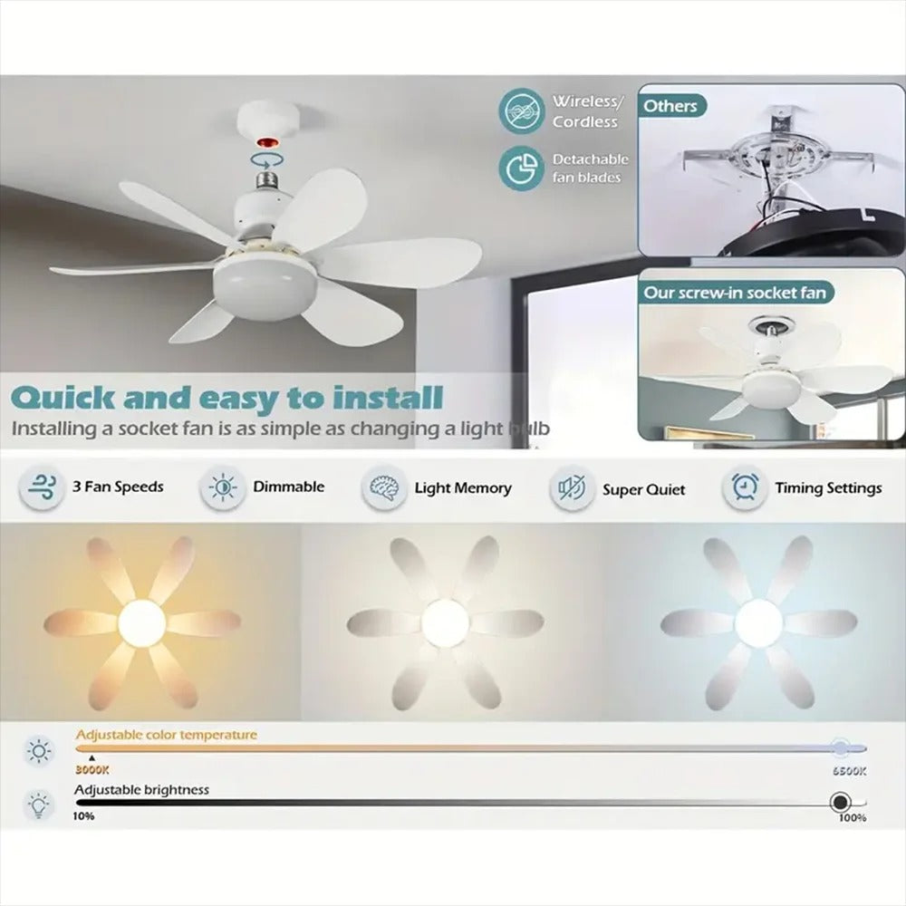 Ceiling fan with light shown with remote and feature icons in a product graphic