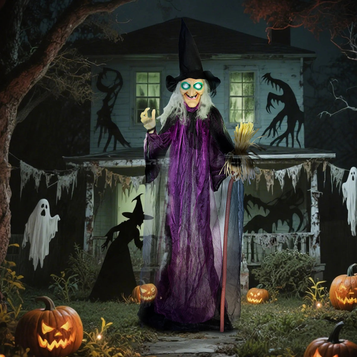 Outsunny 6ft Animatronic Halloween Witch – Sound Activated, Purple