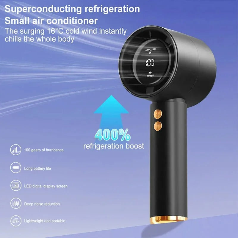 Handheld portable fan with circular LED display and gold buttons, black body