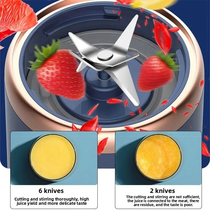 Blender cup blade area with star-shaped blades and strawberry pieces