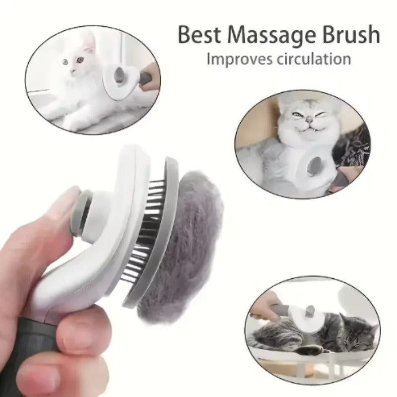 Pet massage grooming brush with gray-and-white head and flexible comb teeth