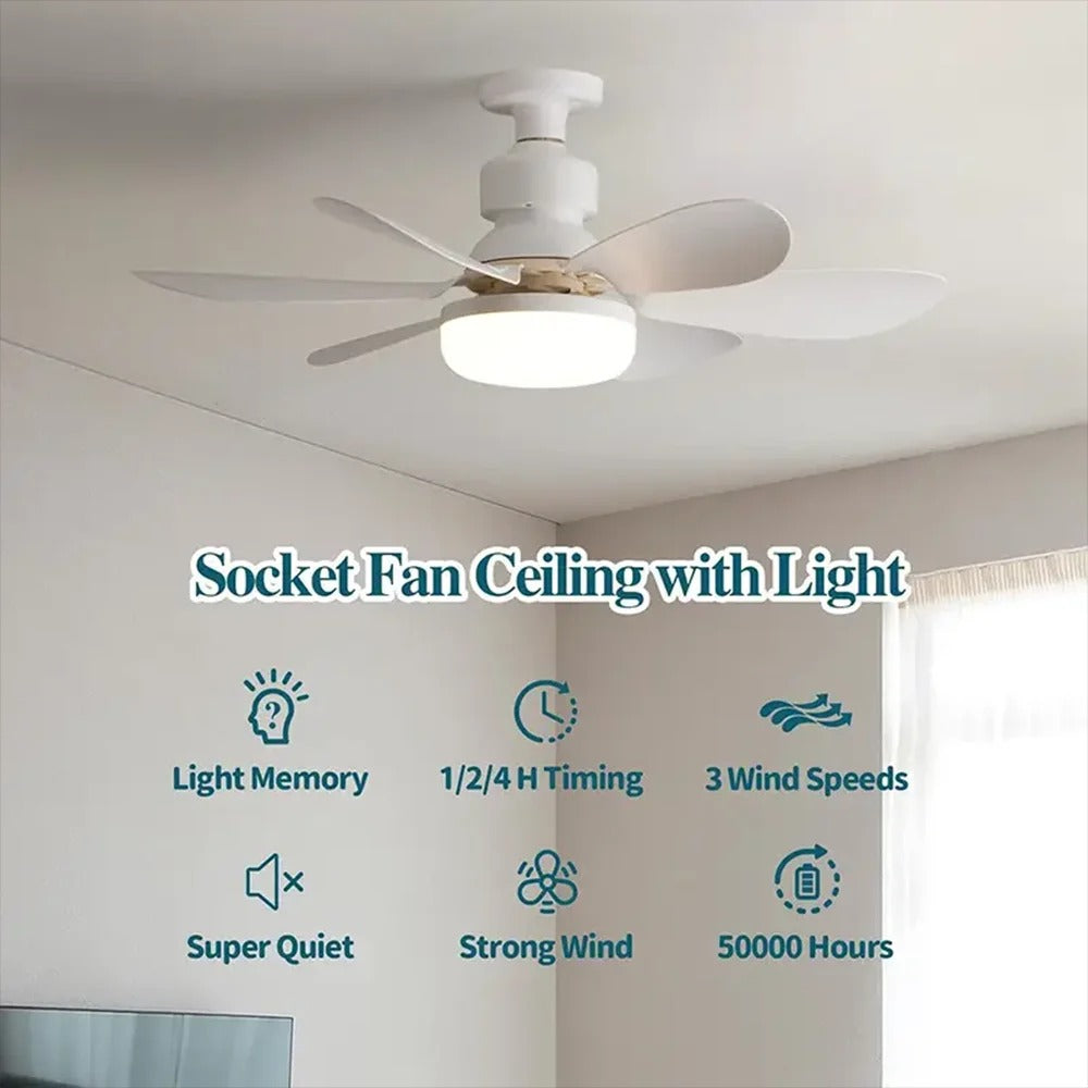 Ceiling fan with integrated light and five white blades mounted on a ceiling