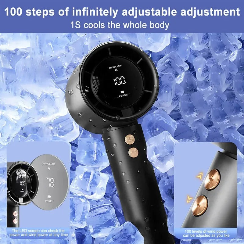 Handheld portable fan with LED screen on circular head, black body with grip buttons