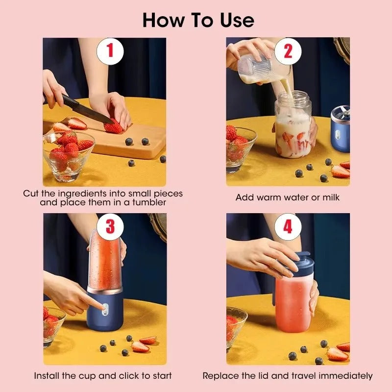 Mini blender cup in use with hands adding ingredients and starting blending