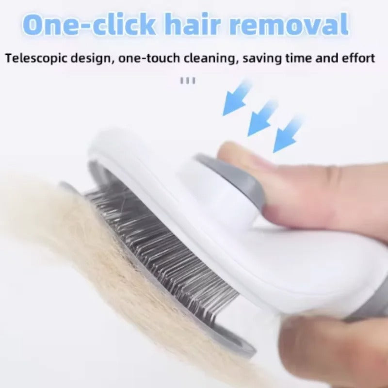 Pet hair remover grooming brush with gray comb teeth and white one-touch release cap