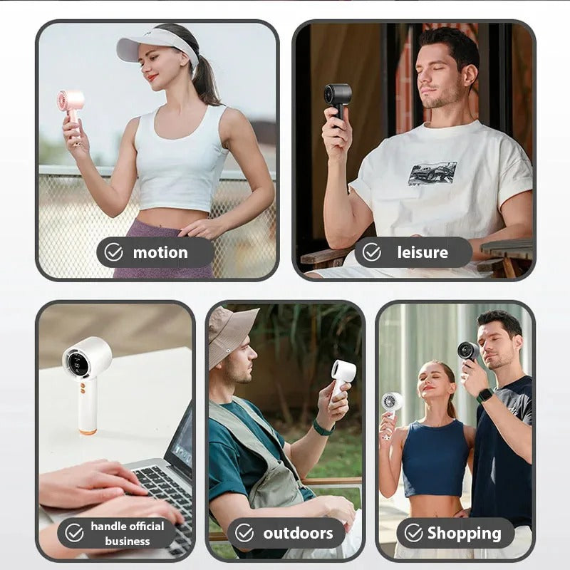 Handheld portable fan shown in multiple settings, black and white compact fan design