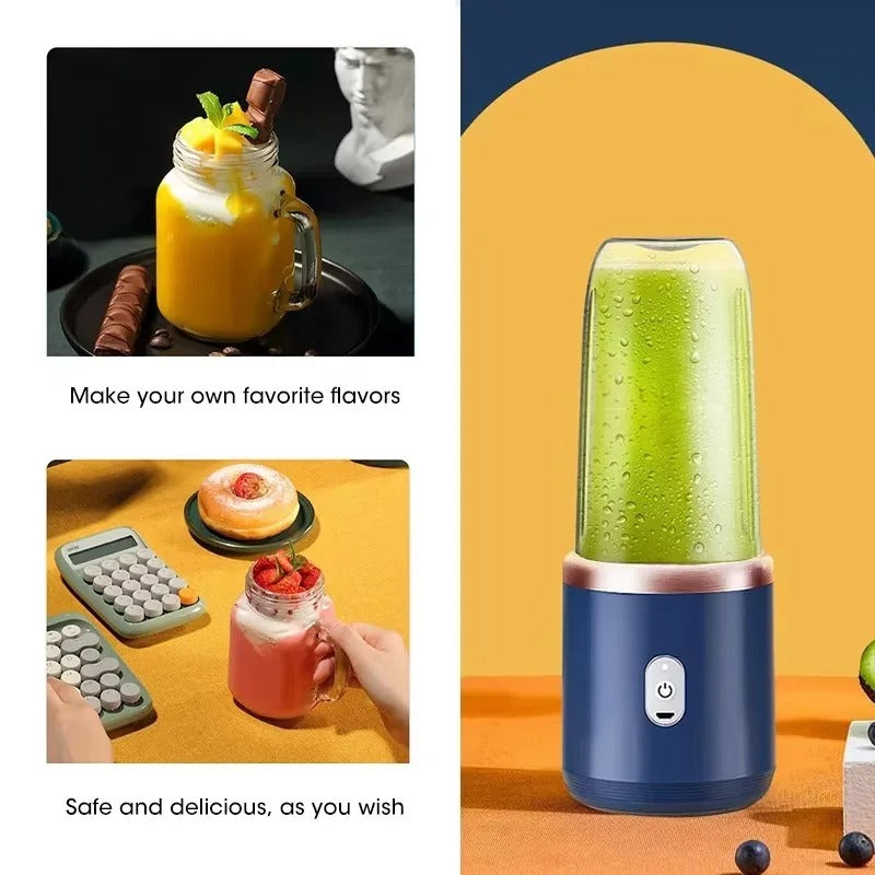 Portable mini blender with yellow drink cup and blue base