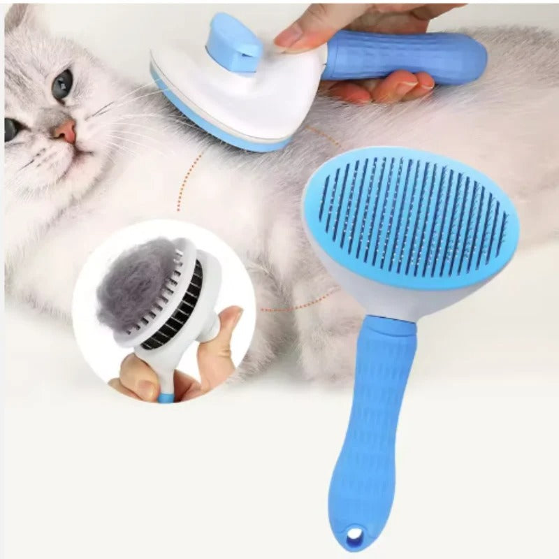 Pet grooming brush with blue handle, oval bristle head, and detachable cleaning cap